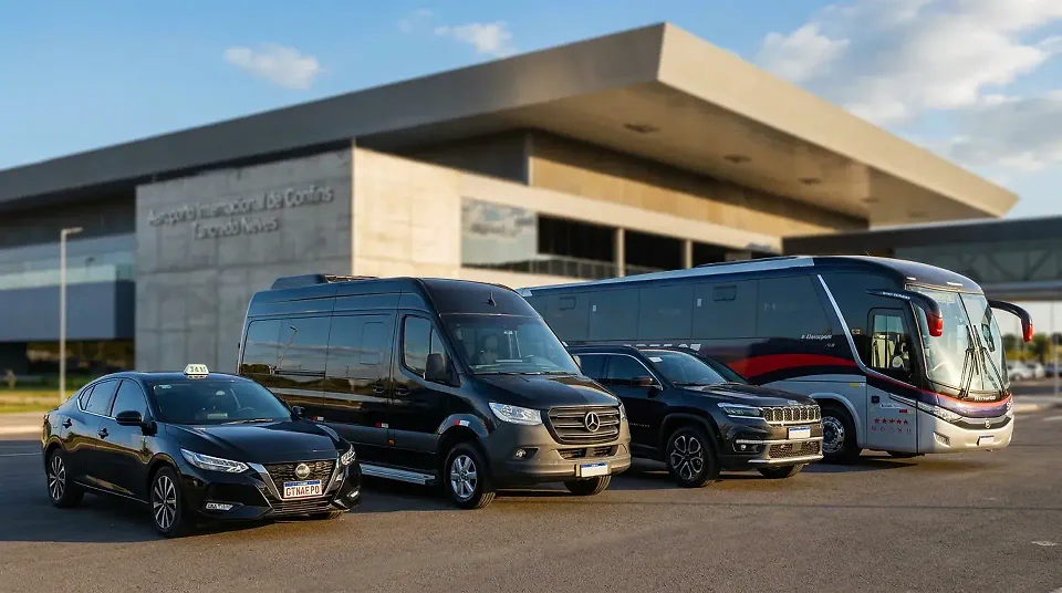 Táxi executivo, van executiva, SUV e ônibus com motorista diante do Aeroporto Internacional de Confins